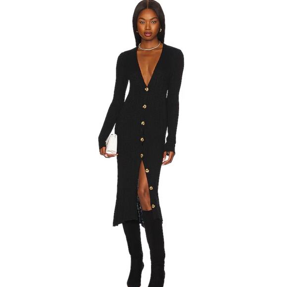New Free People Date Night Long Sweater Dress Sz Medium Black Ribbed Buttons - Picture 6 of 12